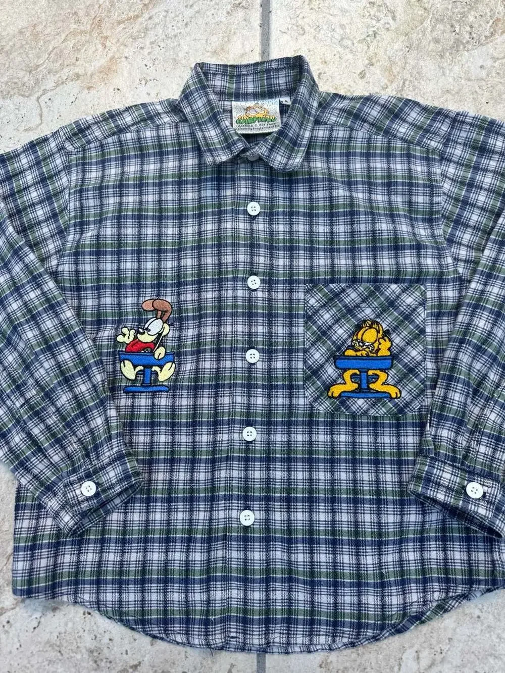 Vintage 1978 Garfield Plaid Button Up Shirt Size 4 Blue Green Long Sleeve